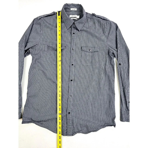 Calvin Klein Modern Fit Size Medium Men's Gray Navy Stripe Long Sleeve Shirt - Picture 11 of 12